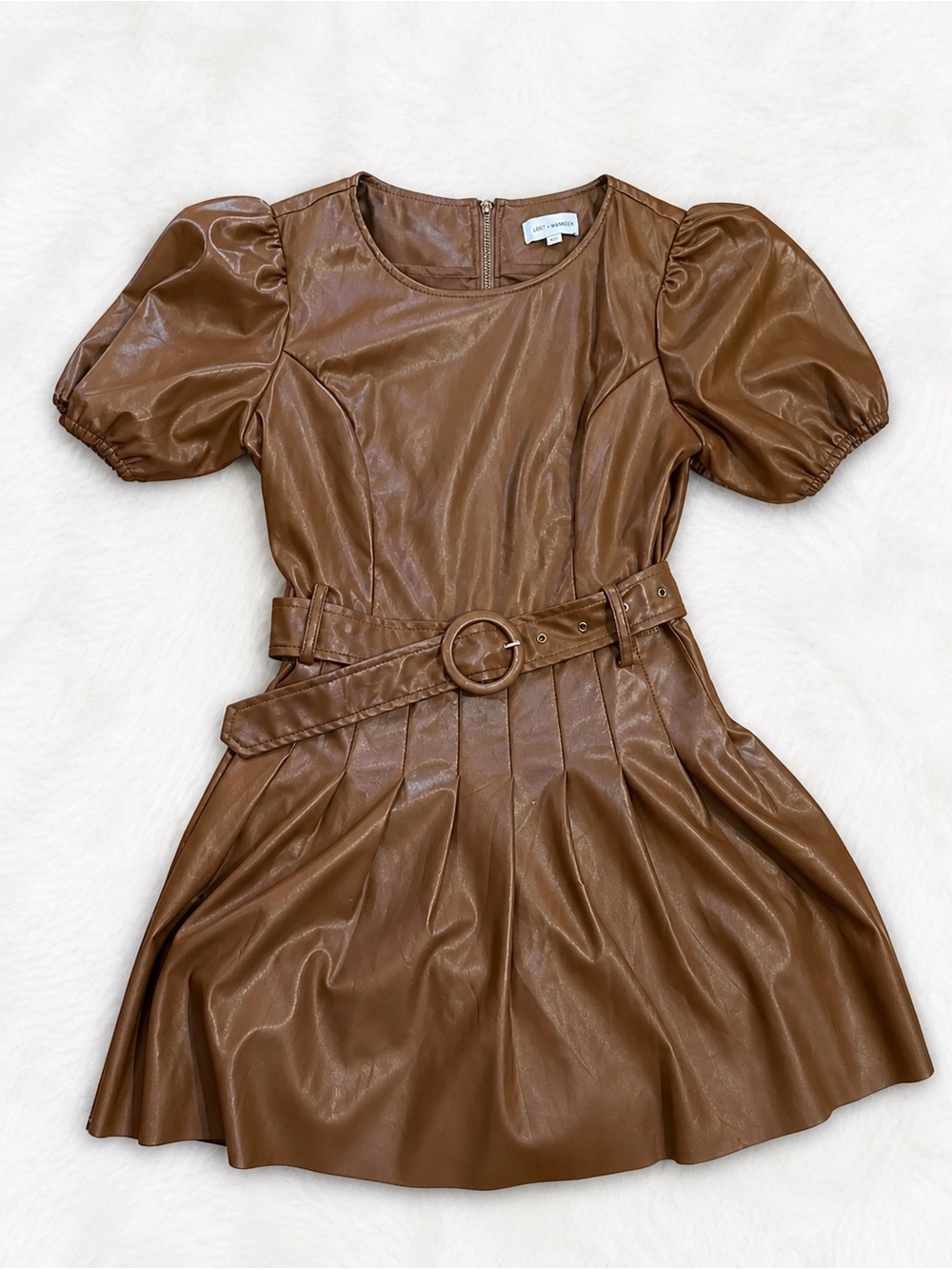 Lost + Wander Faux Leather Puff Sleeve Mini Dress Small Brown Belted